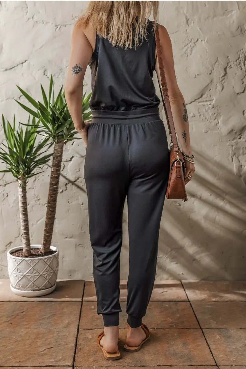 Black Casual Tank Style Tie Waist Pocketed Jogger Jumpsuit for Women - Love Salve